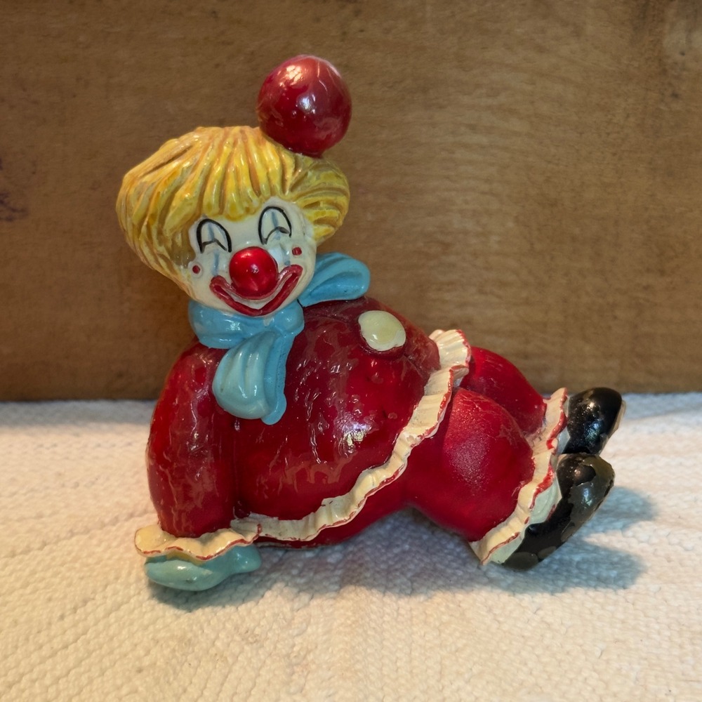 George Good Clown Figurine Red Ceramic Reclining Vintage 3in Circus Decor